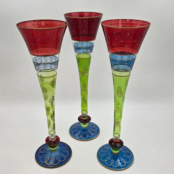 Pier 1 Ruby Green Blue Gold Trim Blown Glass Champagne Flutes Set of 3 - Picture 1 of 5